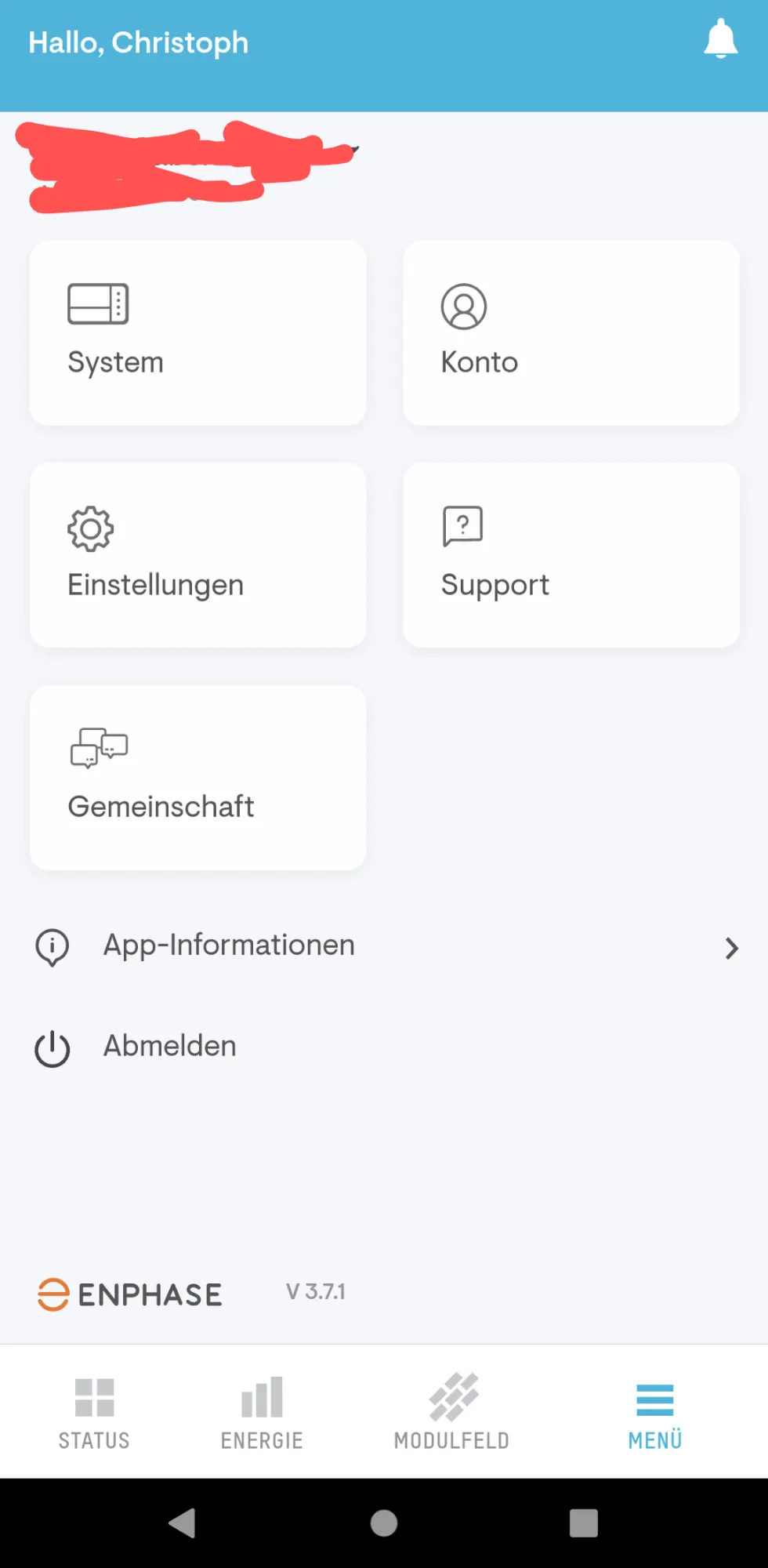 Menüansicht der App mit den Bereichen System, Konto, Einstellungen und Support
