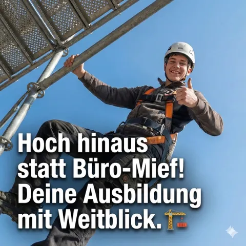 Junger Dachdecker mit Helm und Sicherheitsgeschirr auf einem Gerüst