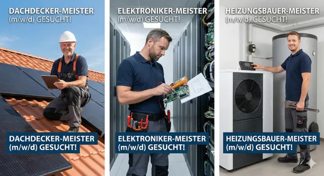 Bildcollage: Dachdeckermeister, Elektronikermeister und Heizungsbauermeister bei der Arbeit