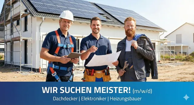 Drei Handwerker mit Bauplänen vor einem Neubau mit Photovoltaikanlage